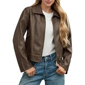 Women's Faux Leather Jacket Zip Up Motorcycle Long Sleeve with Pocket Brown